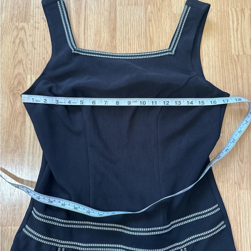 Vintage Black Mini Dress White Contrast Stitching Square Neck Made in USA - Picture 6 of 7